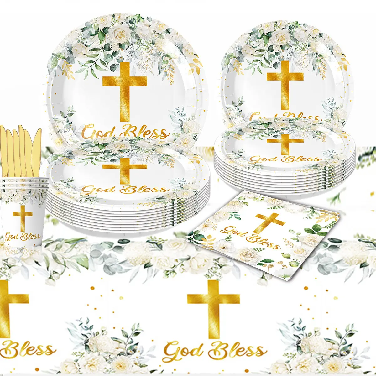 Santa comunione battesimo fiore croce bambino partito piatto di carta tazza di carta tovaglioli di carta a tema per bambini forniture per la tavola
