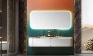 <span class=keywords><strong>Meuble</strong></span>-lavabo mural flottant moderne en PVC beige de style transitoire, étanche, avec vasque et miroir - Product Image 5