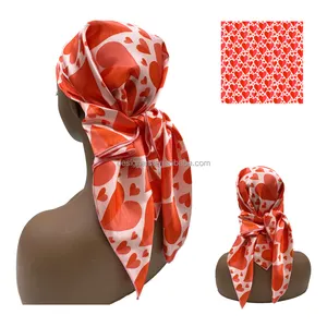 Custom print logo stylish long scarves square polyester silk satin designer head scarf for women