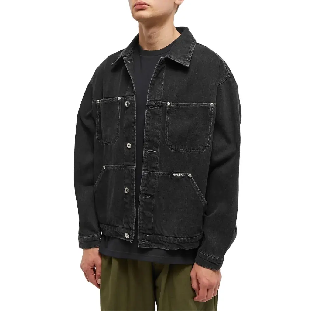 पुरुषों Streetwear Workwear बड़े फिट ड्रॉप कंधे 4 जेब कपास काले डेनिम जैकेट