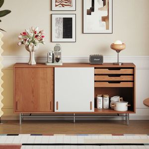 Solid Wood Sideboard With <b>White</b> Panel Multifunction <b>Storage</b> <b>Cabinet</b> For Living Room Or Dining Room Nordic Style - Product Image 3