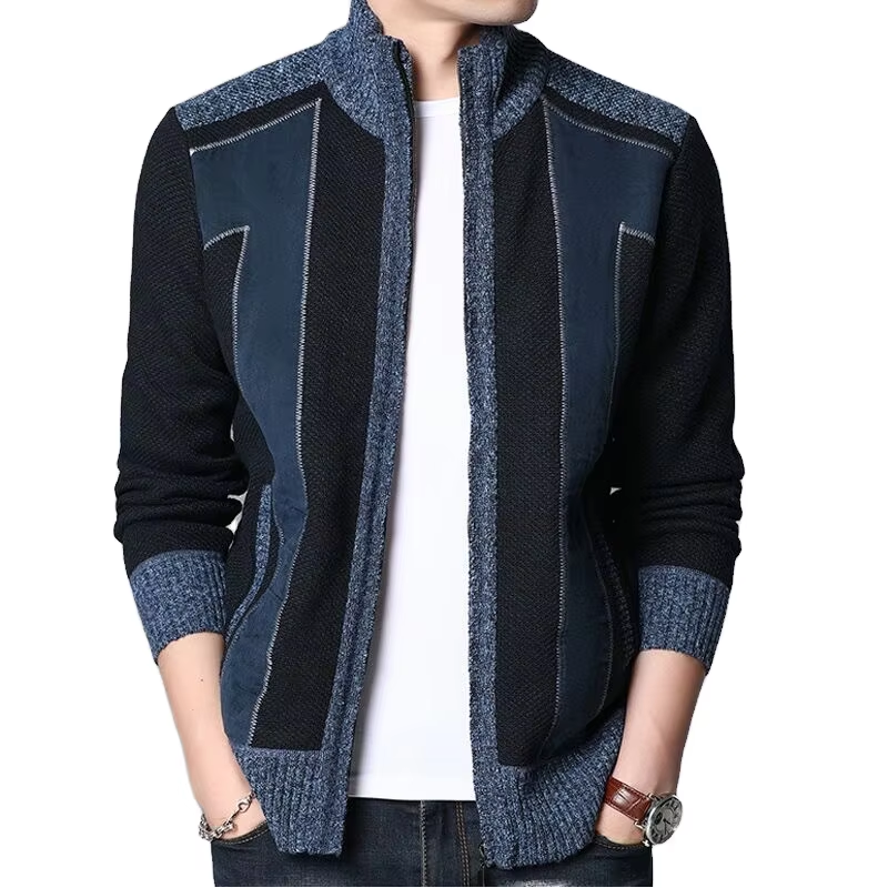 Custom Hot Sale Solid Colors Stylish Jacket Standing Collar Long Sleeves Cardigan Knit Men Sweater Coat With Zipper