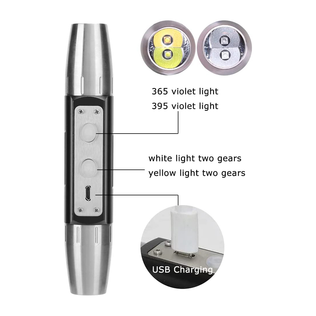 Uv Flashlight 365nm Ultraviolet Yellow White Light Usb 6 Led Jade