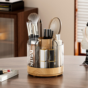 Rotating <b>Makeup</b> Organizer Wooden Grain With Partitions Desktop Storage <b>Box</b> For Brushes Pens Cosmetics - Product Image 1