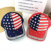 Topi Baseball Bendera USA Gaya Baru dengan Hiasan Berlian Imitasi, Dapat Disesuaikan, 6 Panel, Kanvas, Unisex, Model Dad Hat untuk Penggunaan Bisnis & Santai