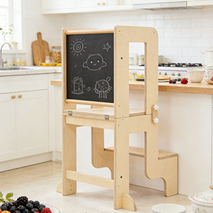 Convertible 2 in 1 <b>Adjustable</b> Modern Toddler Learning Standing Tower Kids Wooden Kitchen Step Stool with Chalkboard - Product Image 2