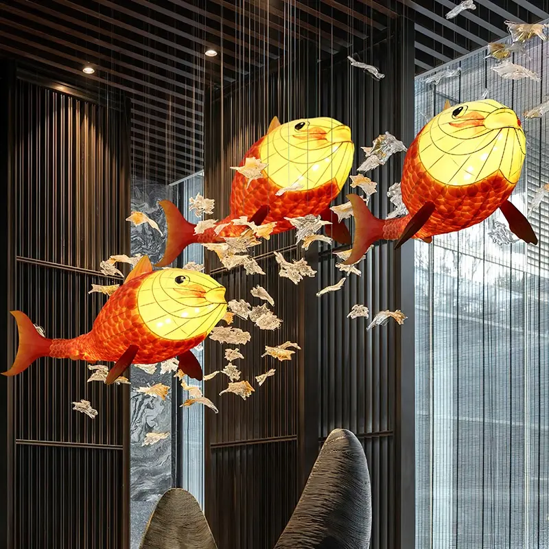 Custom large hanging fish lamp chandelier Restaurant Hotel Southeast Asian style three-dimensional fish scale cloth fish lamp