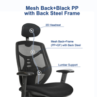 Chaise de bureau ergonomique en maille à dossier haut avec support lombaire, réglable en hauteur, base en acier inoxydable pour personnes corpulentes