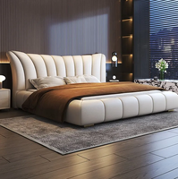 Lit double en bois massif de luxe léger en cuir véritable Lit très grand format en cuir Dossier rembourré Ensemble de meubles de chambre à coucher rembourrés au design moderne