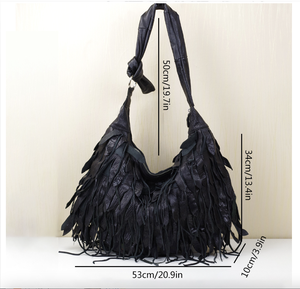 Bolso de Hombro Ando Bag de Cuero Negro con Flecos para Mujer, con Detalle de Hoja y Cierre de Cremallera - Product Image 4