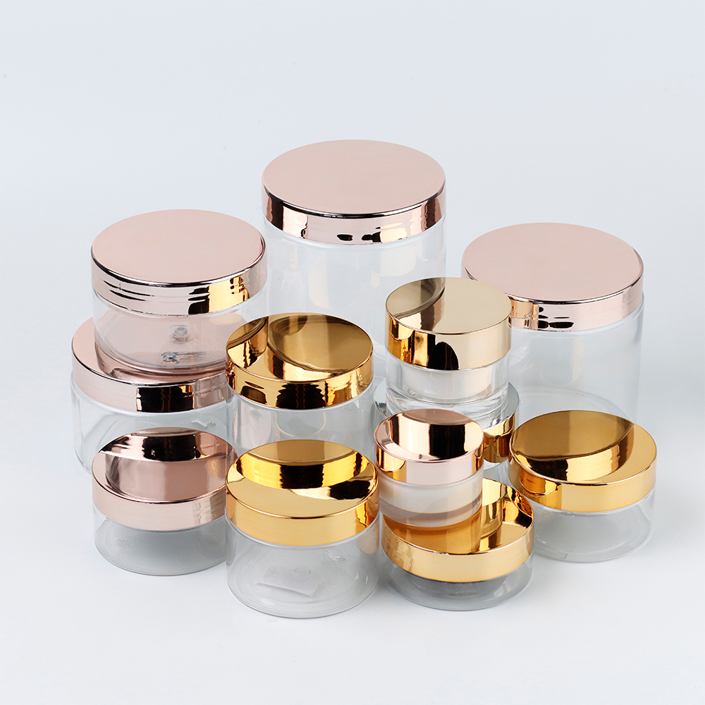 50ml 100ml 150ml 200ml 250ml 500ml Clear Plastic Cosmetic Container Cream Jar With Gold Lid Rose Gold Lid