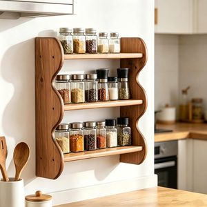 Solid Wood <b>Wall</b> Mounted Storage <b>Rack</b> 3 Tier Wave Shape Floating Shelf For Kitchen <b>Spice</b> Display - Product Image 1