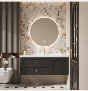 Meuble-lavabo mural de salle de bain de luxe moderne gris foncé laqué en PVC, avec vasque en céramique, miroir et deux tiroirs – Nouveauté 2026 – Fournisseur d'usine - Product Image 2