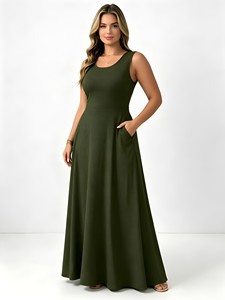 Abito Lungo Estivo da <span class=keywords><strong>Donna</strong></span>, Tinta Unita, Collo Rotondo, Senza Maniche, con Laccio Posteriore e Tasche Laterali, Elegante e Casual, Personalizzabile ODM/OEM - Product Image 1