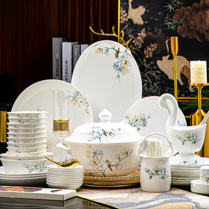 Vajilla de gama alta, cuenco y plato Jingdezhen, porcelana de hueso fino, juego de vajilla <span class=keywords><strong>chino</strong></span> con flores y pájaros, platos de cerámica - Product Image 2