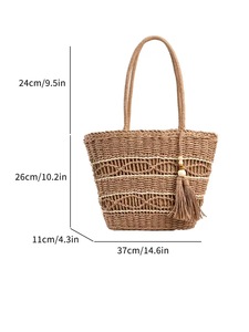 Sac de plage tendance marron clair avec détails de perles et pompons, petit sac fourre-tout tissé à l'épaule <span class=keywords><strong>pour</strong></span> <span class=keywords><strong>femme</strong></span>, idéal <span class=keywords><strong>pour</strong></span> les vacances d'été - Product Image 2