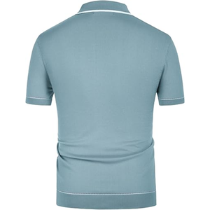 Chemise décontractée tricotée pour homme à manches courtes, col rabattu, bordure contrastante côtelée, anti-rétrécissement, simple boutonnage, idéale pour l'été - Product Image 2