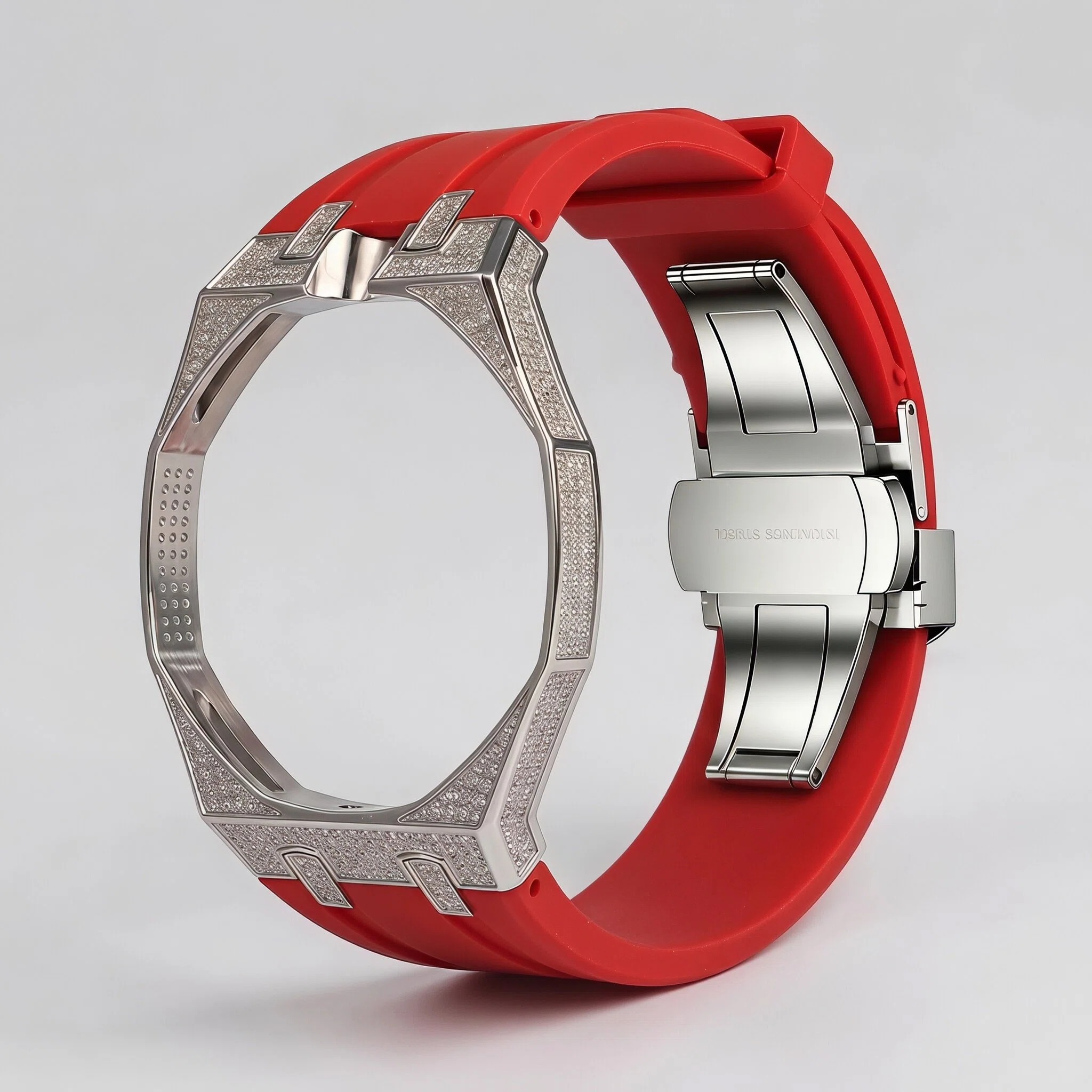 Bague argentée, diamant, bande rouge à 12 heures.