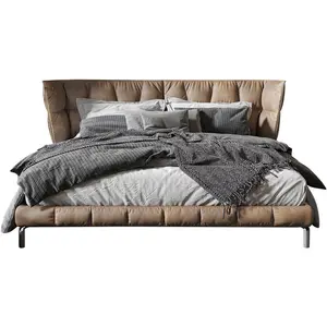 इतालवी हश बिस्तर औद्योगिक शैली असली लेदर लकड़ी बिस्तर फ्रेम रेट्रो बिस्तर