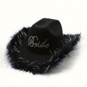 Chapeaux Fedora en feutre poly-coton en gros, en stock, blancs, pour mariage, fête, bordure en plumes brillantes, style pêcheur - Product Image 3