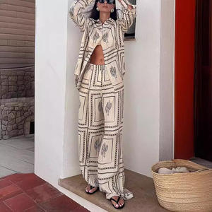 Completo Donna Estivo Chic Due Pezzi con Pantaloni Camicia a Maniche Lunghe con Revers e Pantaloni a Gamba Larga Elegante da Ufficio - Product Image 3