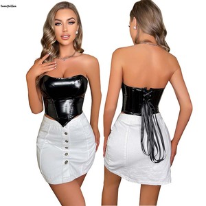 Fashion Women's Open Back Boned PVC <strong>Leather</strong> Bustier Zip Back Corset Bodyshaper Crop Top With T-Back <strong>Thong</strong> - Product Image 6