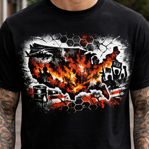 เสื้อยืดลายกราฟิกความขัดแย้งในสหรัฐอเมริกา |   เสื้อยืดศิลปะการประท้วง Burning Map |   เสื้อเชิ้ตสไตล์สตรีทแบบยูนิเซ็กซ์ |   พิมพ์ลายตามสั่ง |   ตัวเลือกหลายสี - Product Image 1