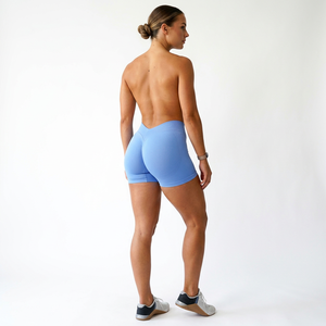 High Waist Seamless Breathable Yoga <b>Shorts</b> Solid Blue Spandex/Nylon Four-Way Stretch Mesh Elastic Waist <b>Ruched</b> Butt Design - Product Image 1