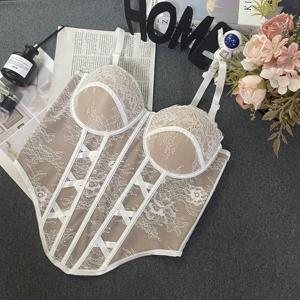 Women White/Black Lace Floral Mesh Boned <b>Bustier</b> <b>Corset</b> Top Spaghetti Strap Crop Top - Product Image 4