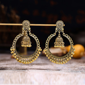 Boucles d'oreilles ethniques rétro géométriques Jhumka pour femmes bijoux indiens fleur couleur or cloche gland boucles d'oreilles pendantes (KER824) - Product Image 3