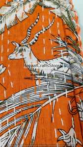 Handmade Indian Kantha <b>Quilt</b> Orange Printed Cotton Bedcover Bohemian Style All Season Home Decor <b>Throw</b> Blanket - Product Image 6
