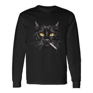 Camiseta de Manga Larga con Estampado de Gato Fumando, Estética de Gato Negro, Cuello Redondo Unisex, Impresión Digital, Ropa Promocional para Adultos - Product Image 1