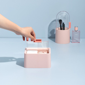 HeDou Cosmetic Storage Box With Lid Double Layer Compartment For Cotton Pads Swabs Lipstick Desktop Organizer Pink - Product Image 1