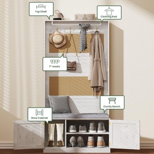 Mộc mạc Trắng trang trại hội trường Cây băng ghế dự bị tủ giày có thể điều chỉnh kệ và móc áo cho lối vào lưu trữ - Product Image 1