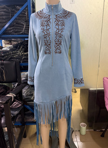 Vestido Vaquero Occidental para <span class=keywords><strong>Mujer</strong></span> con Cremallera, Bordado Floral Vintage y Flecos Largos, Ajuste Delgado, Colección 2026 - Product Image 4