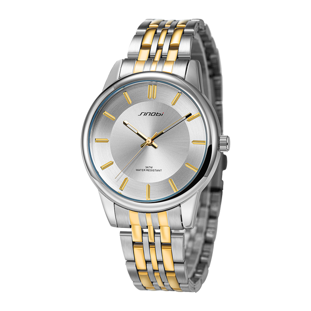 SINOBI High Quality Mens Luxury Quartz Wristwatch S9835 Analog 38mm Dial 18mm Band Alloy Glass Crystal Stainless Steel Strap