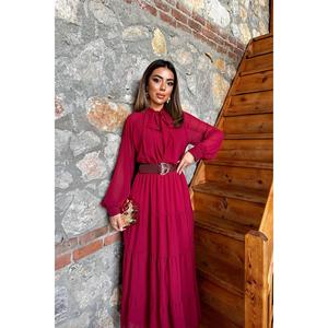 Vestido de Gasa Borgoña con Cuello Atado, Silueta Holgada, Cintura Natural, Translúcido, para Fiesta o Casual - Product Image 2