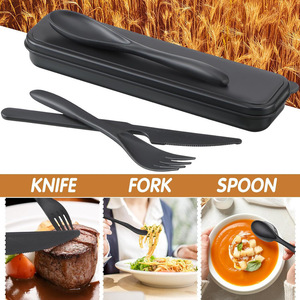 Ensemble de couverts en paille de blé, couteau, fourchette, cuillère, noir, biodégradable, pour les voyages, utilisation en plein air, réutilisable, écologique, avec étui de rangement - Product Image 4