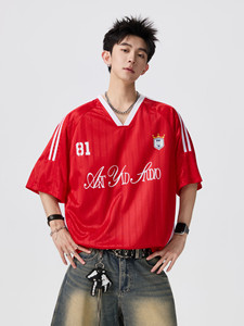 American-style Knitted Letter-print Contrast-color V-neck Sports Jersey Unisex Summer Loose-fit Casual T-shirt 100% Polyester - Product Image 4