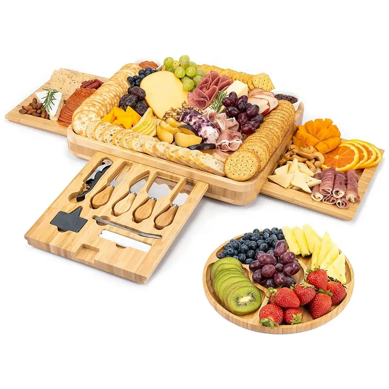 Premium round rectangle square bamboo charcuterie board cheese cutting board and knife set with cutlery set bamboo cheese board