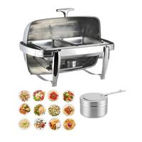 Ensemble de chauffe-plats de buffet en acier inoxydable à compartiments avec couvercle roulant et supports pour bûches chauffantes, argent/or, pour hôtels et restaurants