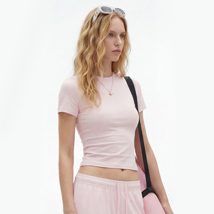 T-shirts courts slim pour <span class=keywords><strong>femme</strong></span>, 200 grammes, 90 % coton, 10 % élasthanne, collection 2026, en stock, impression de logo personnalisée - Product Image 3