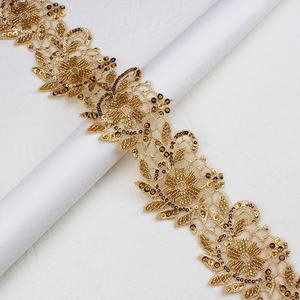 Großhandel Stickerei Chemische Applikation Trimmen Spitze Bestickte Mesh Polyester <span class=keywords><strong>Gold</strong></span> Perlen Pailletten Spitzen besatz für Kleid - Product Image 3