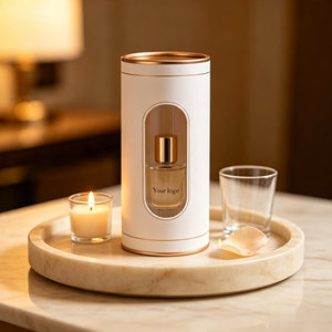 Customizable White Paper Tube Packaging with Gold <b>Foil</b> Trim and Clear <b>Window</b> for Cosmetic Perfume Bottle Display - Product Image 1
