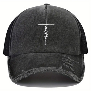 Faith Cross Impreso Gorra de béisbol Vintage Raw Hem Lavado Desgastado Malla transpirable Sombrero para el sol Sombreros ajustables para papá - Product Image 1