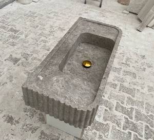 Lavabo Flotante de Mármol Gris Acanalado, Resistente |   Lavabo Escultural Integrado de Piedra |   Baño Moderno de Lujo Ecológico - Product Image 2