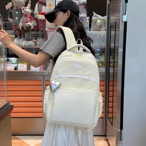 Sac à dos scolaire pour filles avec pochette pour trolley, garniture en dentelle, breloque cœur, multi-poches, sac à dos d'écolière - Product Image 5