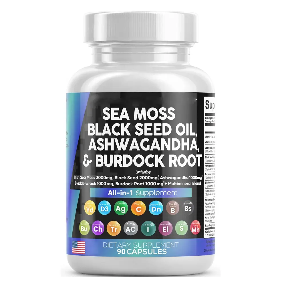 OEM Herbal Supplements Sea Moss Capsules Black Seed Oil Turmeric Bladderwrack Burdock Complex Seamoss Capsule