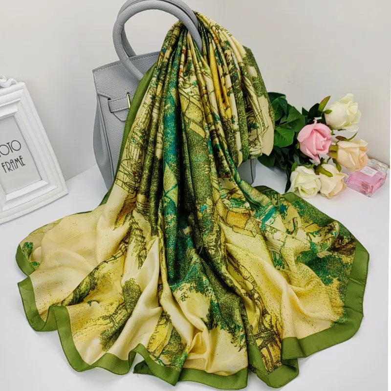 In Stock 2021 Fashion New Arrival Custom Designer Luxury Satin Silk Scarf Digital Printing long silk scarfSatin Shawl For Women