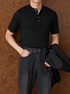 T-shirt en tricot à col <span class=keywords><strong>Henry</strong></span> style <span class=keywords><strong>Old</strong></span> Money pour homme, manches courtes, été - Product Image 2